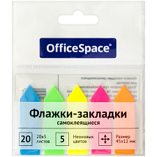 Флажки-закладки OfficeSpace, размер 45 х 12мм, 20л х 5 неоновых цветов в виде стрелки,100 листов, европодвес