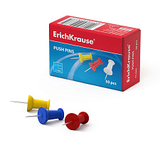 Кнопки силовые  ErichKrause 50 штук с пластиковой шляпкой и игольчатой ножкой, картонная коробка, цветные