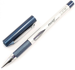 Ручка гелевая Basir PG-223/black 0,5 мм синий, серебристый корпус, с золотыми вставками, рефлённный держатель, синий колпачок с металлическим клипом, игольчатый наконечник
