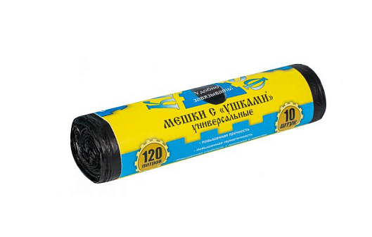 Мешки для мусора "Крепакоф" ПНД 120л 10шт в рулоне с ушками, плотность 13 мкм,  размер 68х105 см, черные