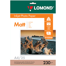 Фотобумага LOMOND А-4, плотность 230 г/м2, матовая, односторонняя, 25 листов, для струйных принтеров.