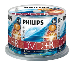 Диск DVD+R  4.7ГБ,16x, Cake Box,50шт/уп. Philips 