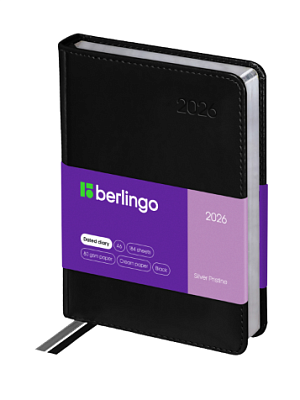 Ежедневник А6 датированный 2026 Berlingo "Silver Pristine", 184 листов в линию, искусственная кожа, размер 115х160мм, ляссе, серебряный срез, цвет черный