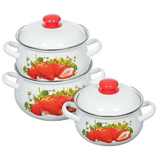 Набор кастрюль 6 предметов Лысьва Сочная клубника, кастрюли 2л, 3 л, 4,5л, с крышками, эмалированная сталь, цвет белый 