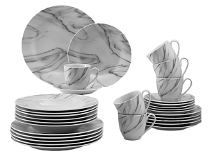 Столовый сервиз 24 предметов Доляна «Мрамор», материал керамика, тарелка: обеденная 24 см-6 шт, суповая 21 см-6 шт, десертная 19 см-6 шт, чашка 200 мл-6шт, блюдце 14,5 см-6 шт, цвет серый