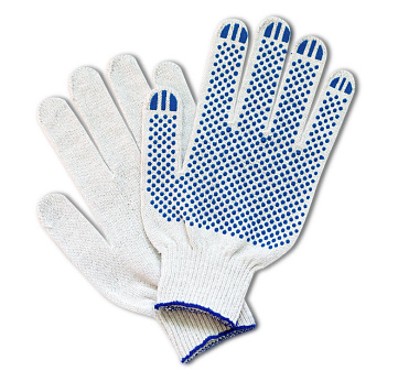 Перчатки Х/Б с ПВХ 10 пар/уп, 5-ти нитка/ 7  класс, вес 49-50 гр, цвет белый