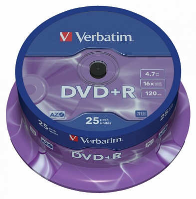 Диск DVD+R Verbatim 4.7 Gb, 16x, Cake Box 25 штук в упаковке