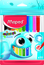 Фломастеры 10 цветов "MAPED Color'Peps Ocean" с заблокированным пишущим узлом, смываемые в пакете с подвесом
