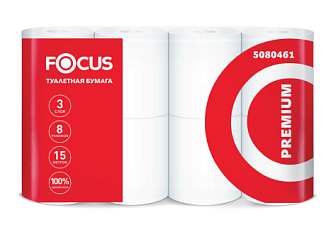 Бумага туалетная 3-х слойная Focus Premium 8 рул в упак,  Длина намотки 15 м, 