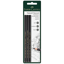 Карандаш угольный Faber-Castell "Pitt", набор 3 шт. мягкий/средний/твердый, прессованный, черный цвет корпуса, круглые, в  блистере