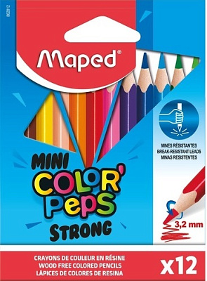 Карандаши цветные 12 цветов  MAPED Mini ColorPeps Strong, длина 87 мм, пластиковые, трехгранные, ударопрочные, картонная упаковка с европодвесом