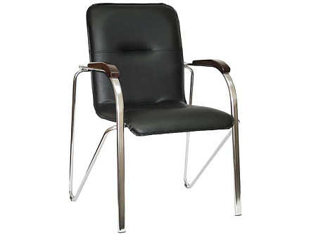  ВОССТАНОВЛЕННЫЙ! Стул Самба Экстра. Обивка - черная экокожа. Хромированная рама. Деревянные накладки - цвет темный орех. Нагрузка до 100 кг.