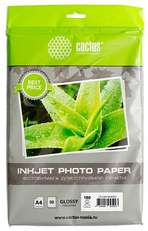 Фотобумага Cactus CS-GA418050ED, А4, плотность 180г/м. глянцевая, 50л.,  односторонняя, для струйных принтеров.
