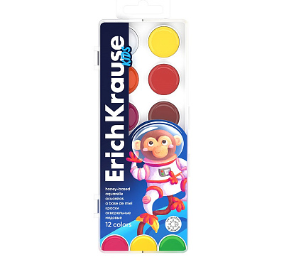 Краски акварельные медовые 12 цветов ErichKrause Kids Space Animals, в пластиковом пенале, без кисти