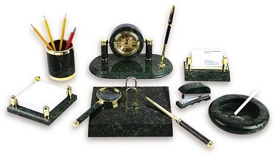 Набор офисный Мрамор с бронзовыми элементами 9 предметов зеленый