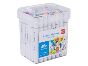 Набор маркеров для скетчинга 48 цветов Deli 70804-48, двухсторонние, корпус круглой формы белого цвета, в пластиковом боксе, наконечник скошенный/кисть