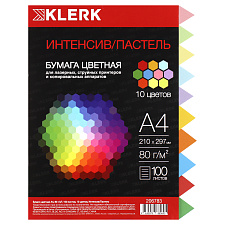 Бумага KLERK формат А-4, плотность 80 г/м2, 100 листов, интенсив+ пастель, 10 цветов по 10 листов