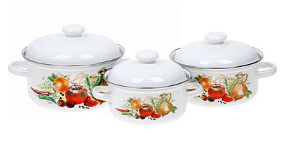 Набор кастрюль 6 предметов Лысьва Итальянская кухня, кастрюли 2л, 3,5л, 5л, с крышками, эмалированная сталь, цвет белый 