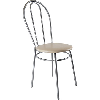 Стул Венский круглый. Обивка - бежевая экокожа №4. Хромированный металлический каркас. Нагрузка до 120 кг. 