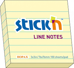Блок самоклеящийся бумажный "Stick N HOPAX", размер 76х 76мм, 100 листов желтых в линейку, пастель, плотность 70г/м2 