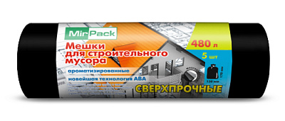 Мешки для мусора "MirPack Стройка" ПВД 480л 5шт в рулоне, плотность 70 мкм, размер 130х170 см, черные 