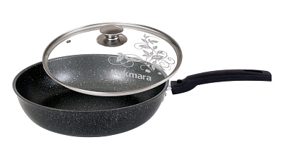 Сковорода d=24 см KUKMARA Marble смт24604а, крышка стекло, съемная  пластиковая ручка, антипригарное покрытие, темный мрамор
