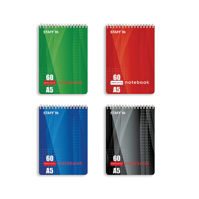 Блокнот формат А-5, 60листов STAFF, блок в клетку, на спирали, обложка мелованный картон, жесткая подложка, плотность блока 60г/кв.м, цвет ассорти