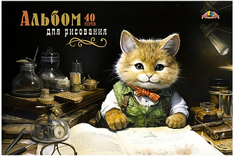 Альбом для рисования 40 листов "Ученый кот" на скобе, обложка мелованный картон, глянцевый ВД лак, плотность внутреннего блока 100гр/м2, Апплика