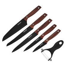 Набор ножей 6 предметов Satoshi Меллер, 5 ножей, овощечистка, нержавеющая сталь, лезвия с антибактериальным покрытием, цвет черный 