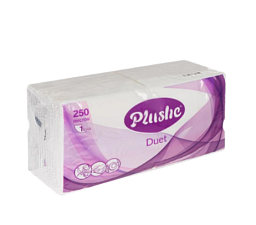 Салфетки бумажные белые 1-слойные "Plushe Duet'  250 листов в упаковке с микротиснением, целлюлоза. размер:24х24 см 