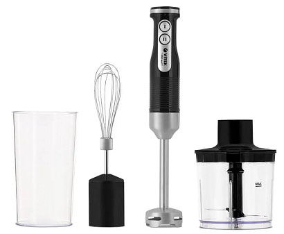 Блендер погружной VITEK VT-8532, мощность 1000Вт, измельчитель с чашей объемом 500 мл, мерный стакан объемом 0,7л, насадка- блендер, венчик, цвет черный/серебристый