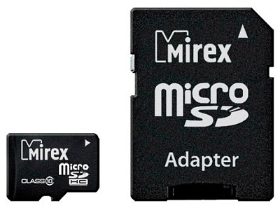 Карта памяти Mirex microSDHC Class 10 объем памяти 16GB + SD адаптер, скорость чтения
25 МБ/с, Скорость записи 10 МБ/с.