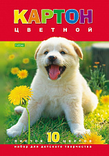 Цветной картон  формат А-4, 10листов, 10 цветов, мелованный, односторонний, в папке