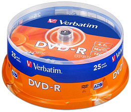Диск DVD-R объем 4.7ГБ,16x, Cake Box, 25шт/уп.